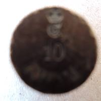 10 gr. messinglod, fra 1921, stemplet Christian d. 5 og en krone, antik